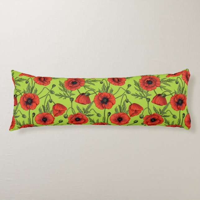 Poppies, red and green on lime green body cushion (Front)