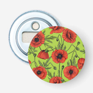 Poppies, red and green on lime green bottle opener