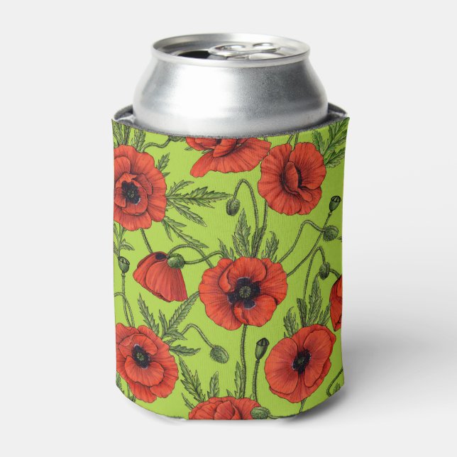 Poppies, red and green on lime green can cooler (Can Front)