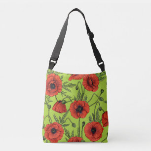 Poppies, red and green on lime green crossbody bag