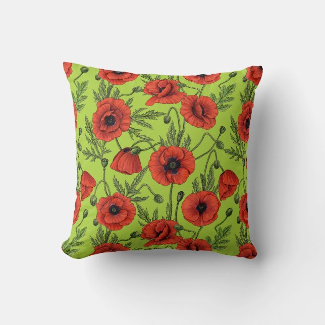 Poppies, red and green on lime green cushion (Front)