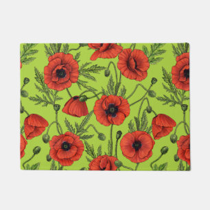 Poppies, red and green on lime green doormat