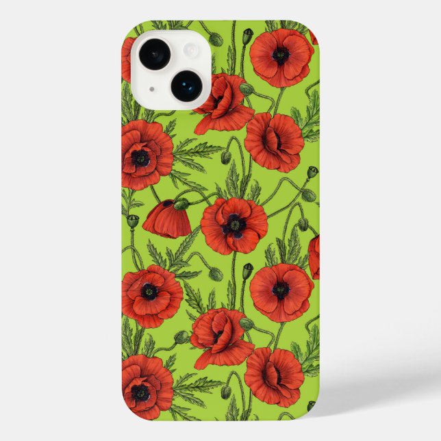 Poppies, red and green on lime green iPhone case (Back)