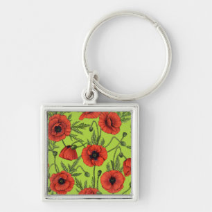 Poppies, red and green on lime green key ring