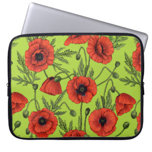 Poppies, red and green on lime green laptop sleeve