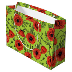 Poppies, red and green on lime green large gift bag