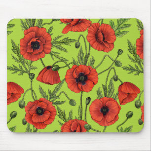 Poppies, red and green on lime green mouse mat