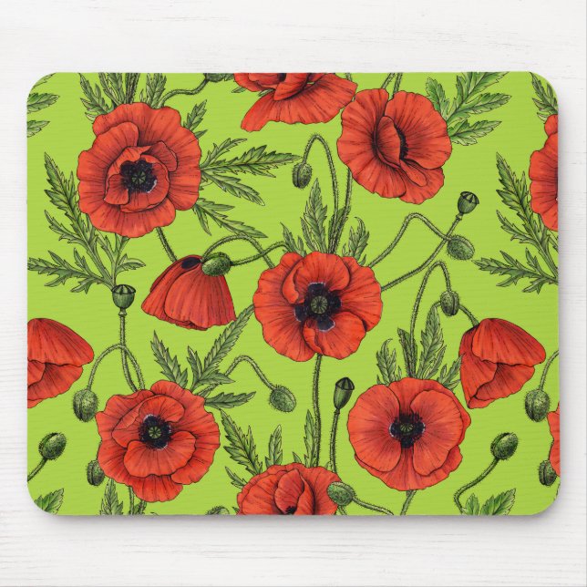 Poppies, red and green on lime green mouse mat (Front)