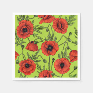 Poppies, red and green on lime green napkin