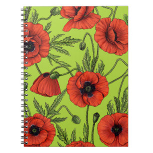 Poppies, red and green on lime green notebook