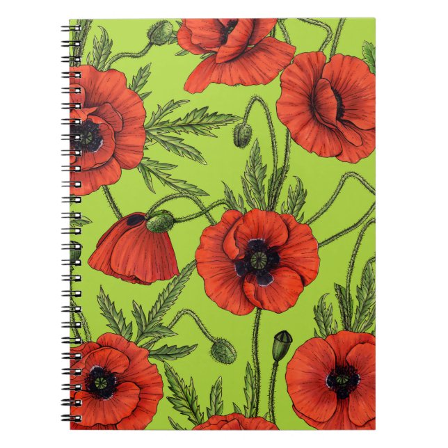 Poppies, red and green on lime green notebook (Front)