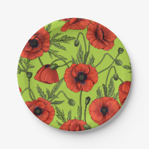 Poppies, red and green on lime green paper plate