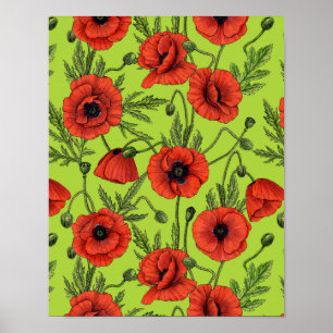 Poppies, red and green on lime green poster