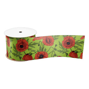 Poppies, red and green on lime green satin ribbon
