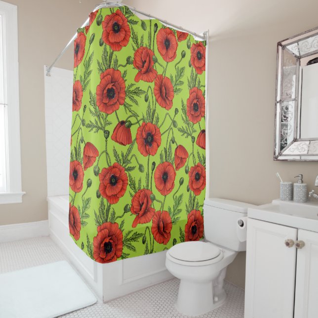 Poppies, red and green on lime green shower curtain (In Situ)