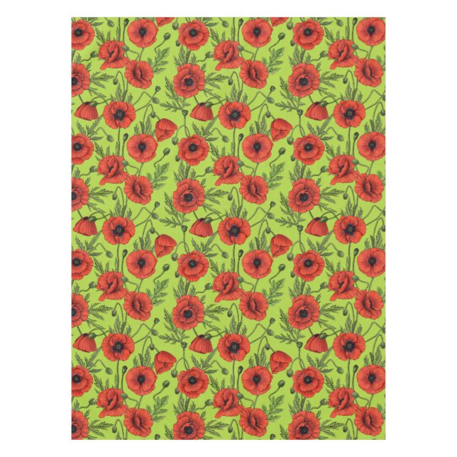 Poppies, red and green on lime green tablecloth (Front)