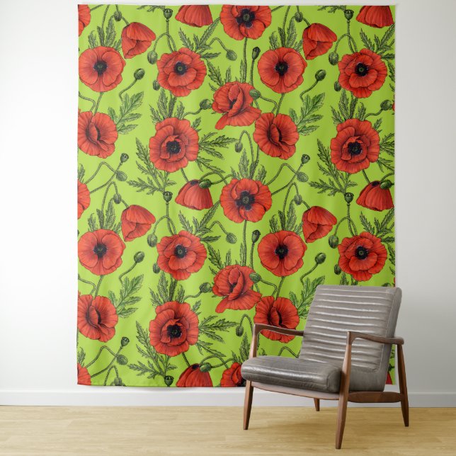Poppies, red and green on lime green tapestry (In Situ)