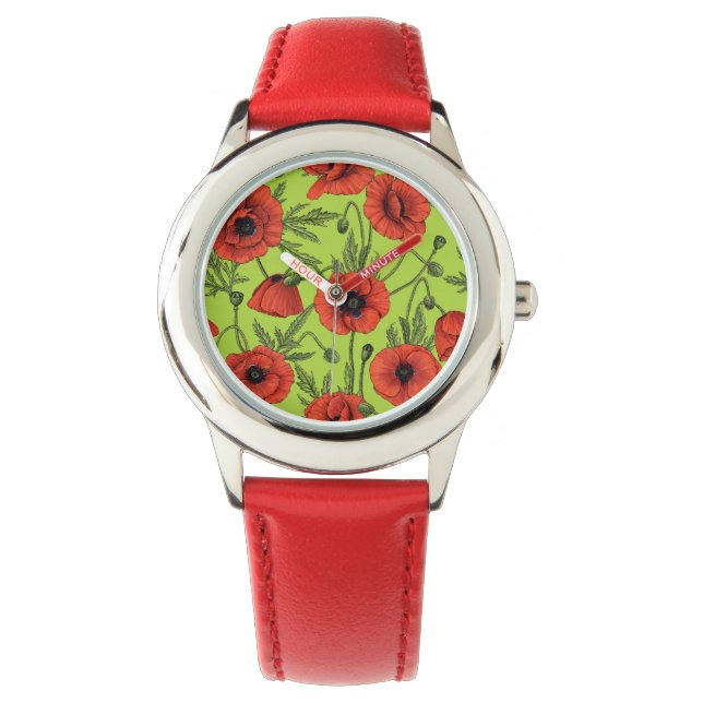 Poppies, red and green on lime green watch (Front)