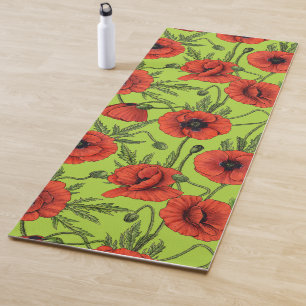 Poppies, red and green on lime green yoga mat