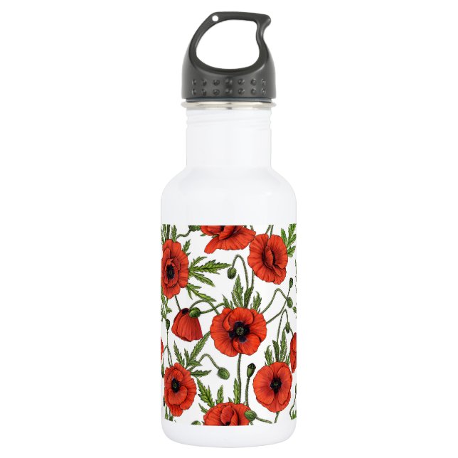 Poppies, red and green on  white 532 ml water bottle (Front)