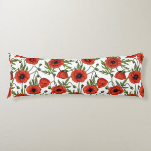 Poppies, red and green on  white body cushion