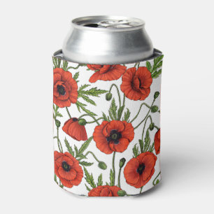 Poppies, red and green on white can cooler
