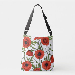 Poppies, red and green on  white crossbody bag