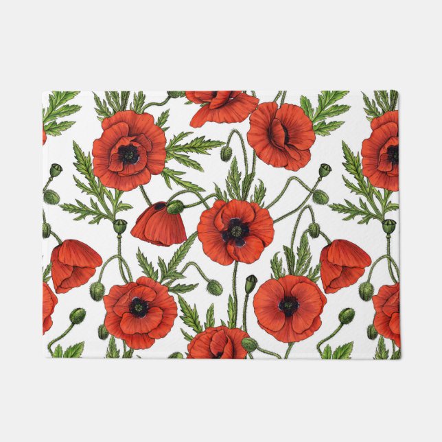 Poppies, red and green on  white doormat (Front)