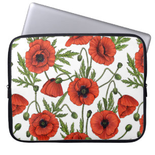 Poppies, red and green on white laptop sleeve