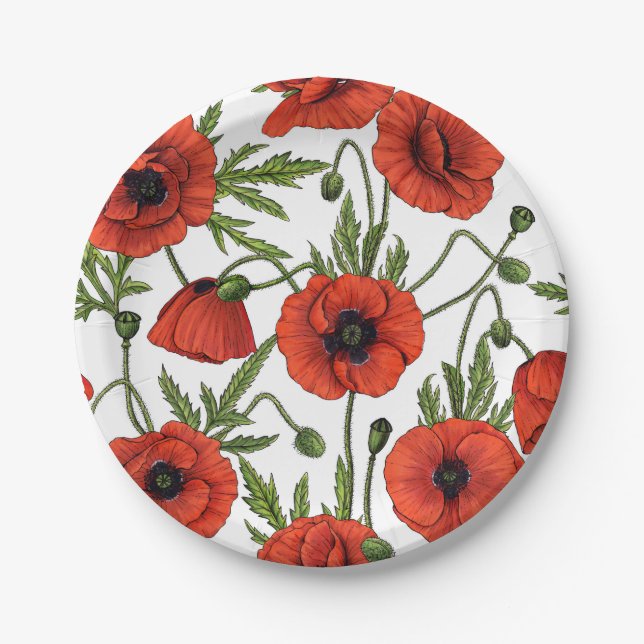 Poppies, red and green on  white paper plate (Front)
