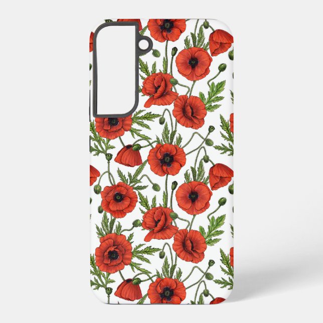 Poppies, red and green on  white samsung galaxy s22+ case (Back)