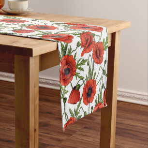 Poppies, red and green on white short table runner