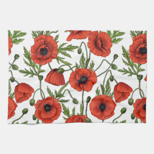 Poppies, red and green on  white tea towel