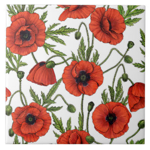 Poppies, red and green on white tile