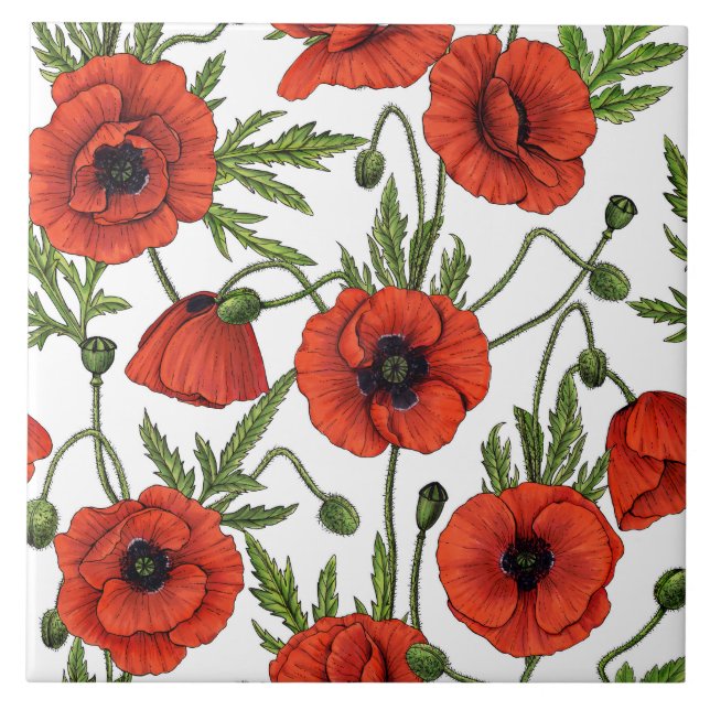 Poppies, red and green on  white tile (Front)