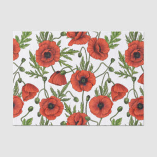 Poppies, red and green on white tissue paper