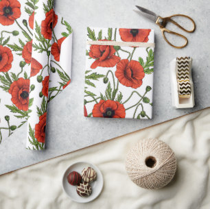 Poppies, red and green on  white wrapping paper
