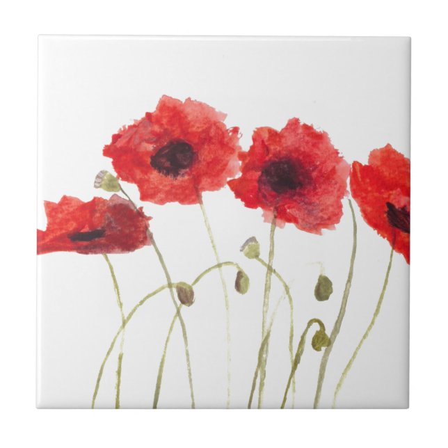 Poppies red flowers watercolor nature floral cute tile (Front)