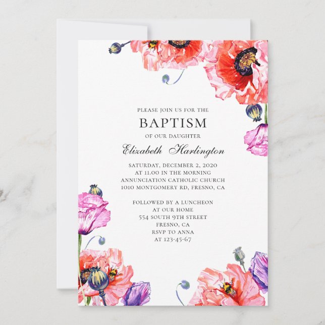 Poppies. Red garden flowers. Summer floral baptism Invitation (Front)