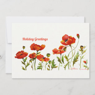 Poppies Red in a Row watercolor white background  Holiday Card