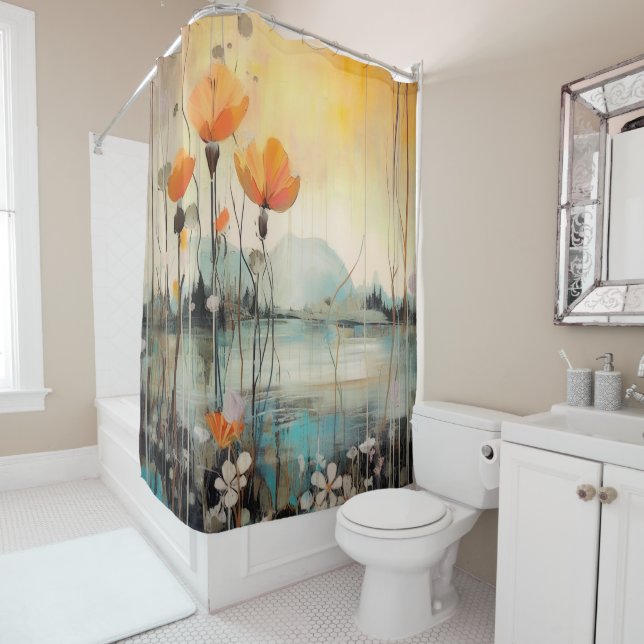 Poppies Red Landscape Shower Curtain (In Situ)