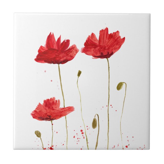 Poppies red poppy watercolor flowers rustic  tile (Front)