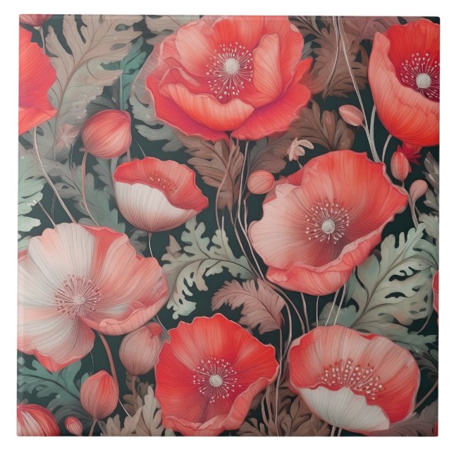 Poppies red vintage  tile (Front)