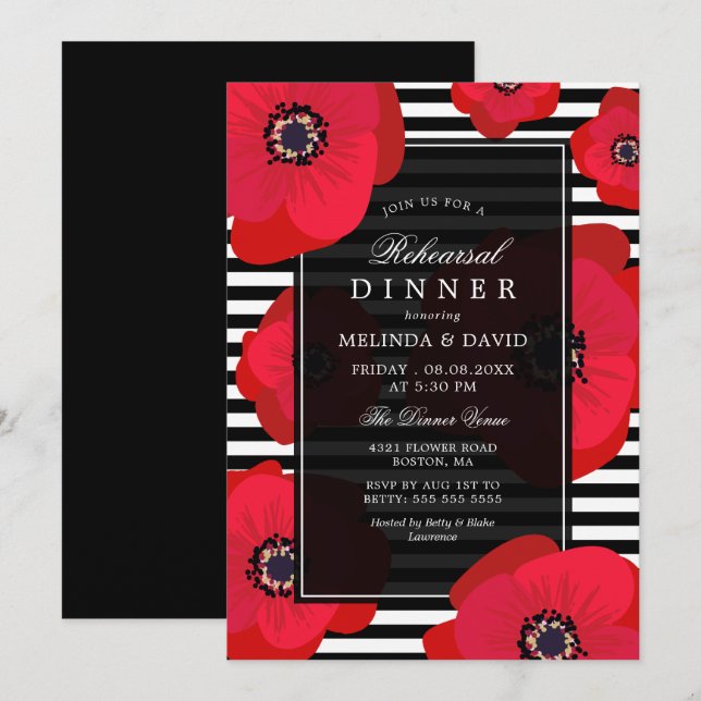 Poppies & Stripes - Black & Red Rehearsal Dinner Invitation (Front/Back)