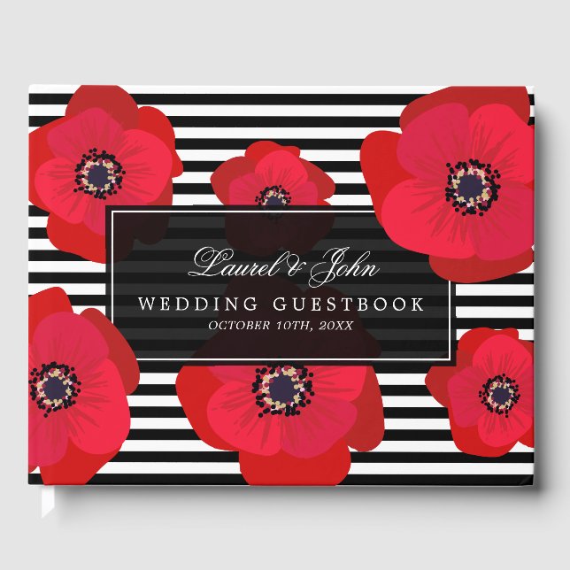 Poppies & Stripes - Black & Red Wedding Guest Book (Front)