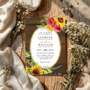 Poppies Sunflowers Rustic Elegant QR Code Wedding Invitation