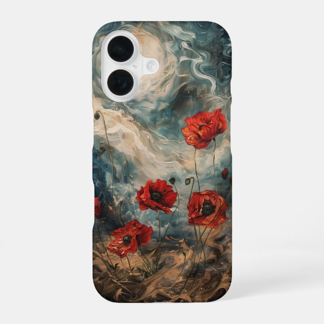 Poppies Under a Restless Sky iPhone 16 Case (Back)