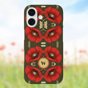 Poppies Vintage Gold Red Art Nouveau Monogram iPhone 16 Case