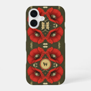 Poppies Vintage Gold Red Art Nouveau Monogram iPhone 16 Case