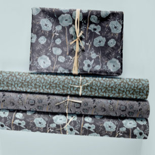 Poppies Watercolor Blue Grey Charcoal Floral Wrapping Paper Sheet